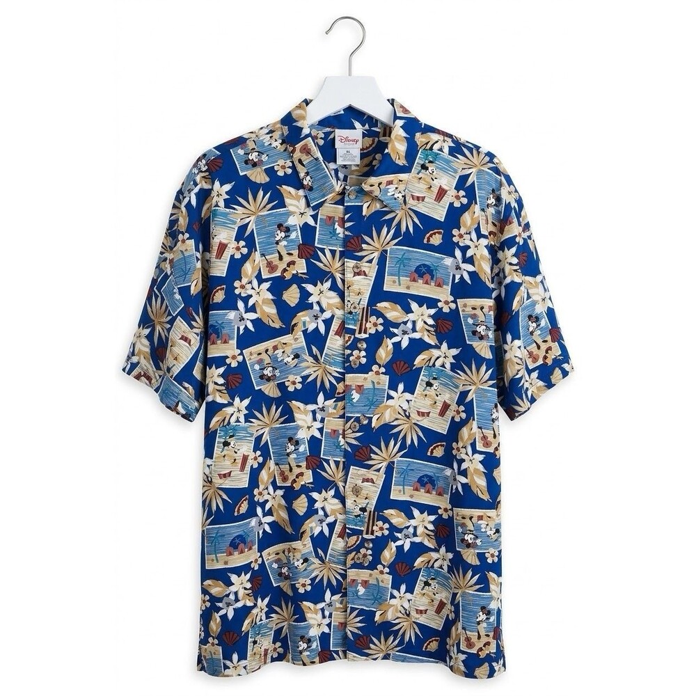 Vintage Disney Store Mickey Minnie Mouse Hawaiian Shirt Men's XXL Blue Rayon AOP
